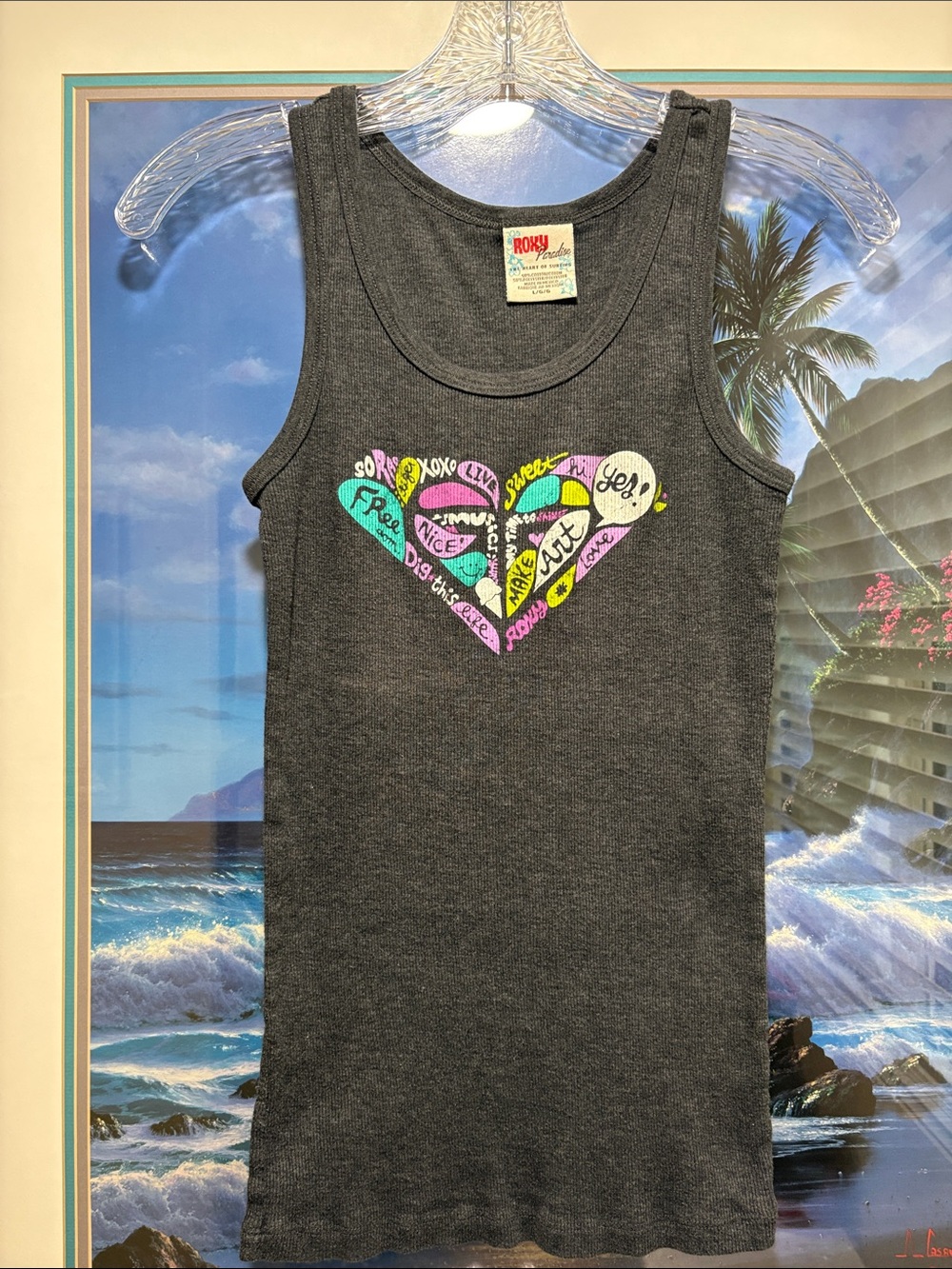 Roxy Charcoal Tank with Multicolor Heart Graphic